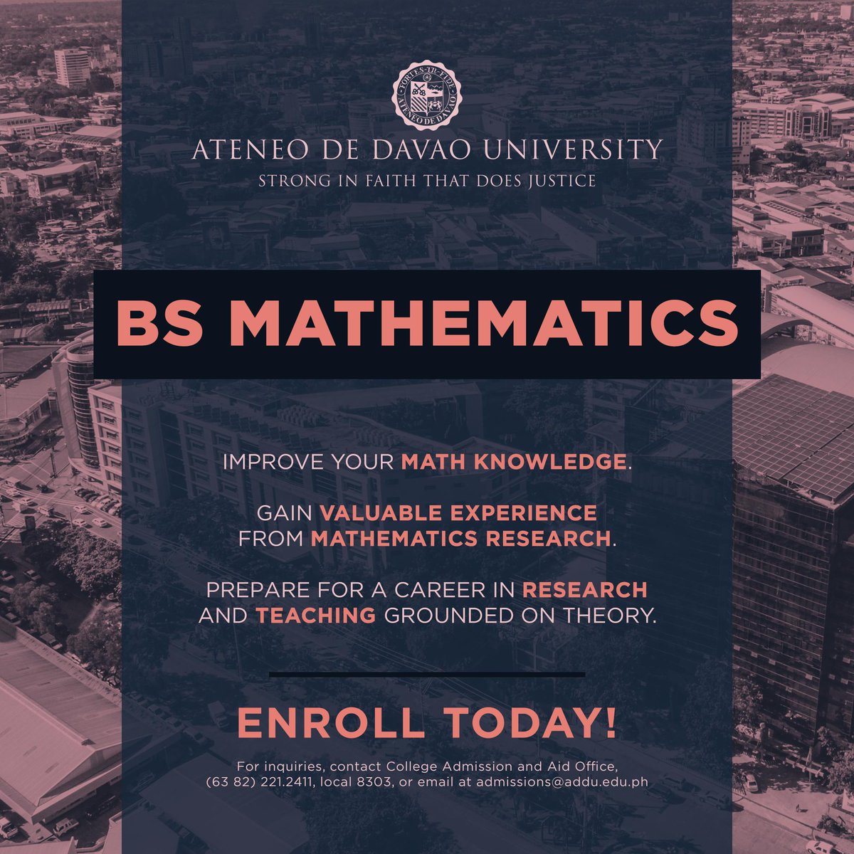 ADDU_Official's tweet photo. ENROLL NOW! | Do you want to know just how much fun learning mathematics can be, and how useful its principles are to the modern world?

VIsit us now and enroll in the BS Mathematics Program! Begin your career in service with us!

#ChooseExcellence
#ChooseAdDU https://t.co/zPHYsZXlFt