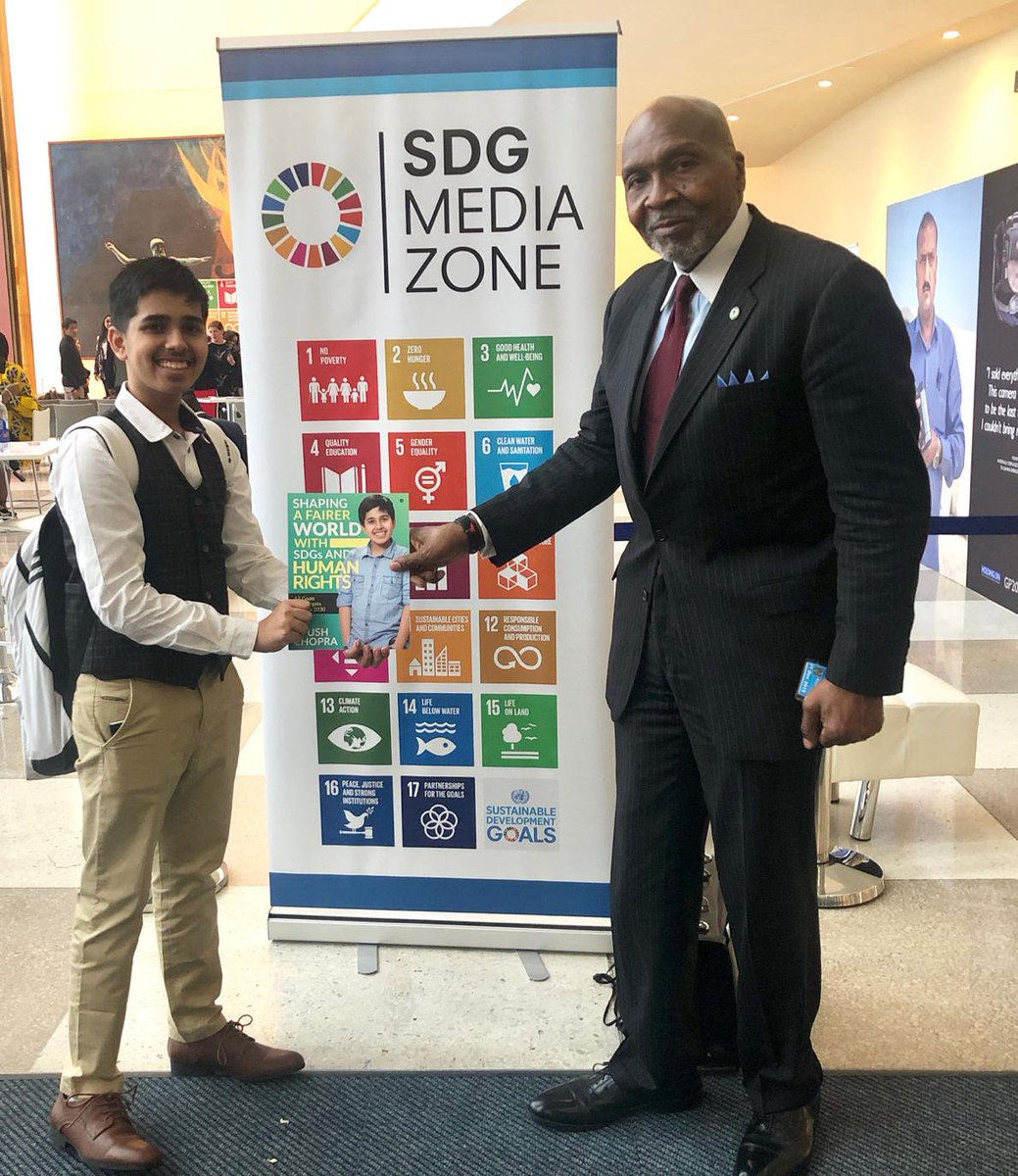 'Let’s be optimist on the #GlobalGoals as the world leaders have promised to deliver the same.' Presenting #ShapingAFairerWorld to Ambassador Huggins who lead the @AFIChangemakers #YouthAmbassadors at @UNECOSOC conference at New York. -#WizardAyush Founder @SDGsForChildren