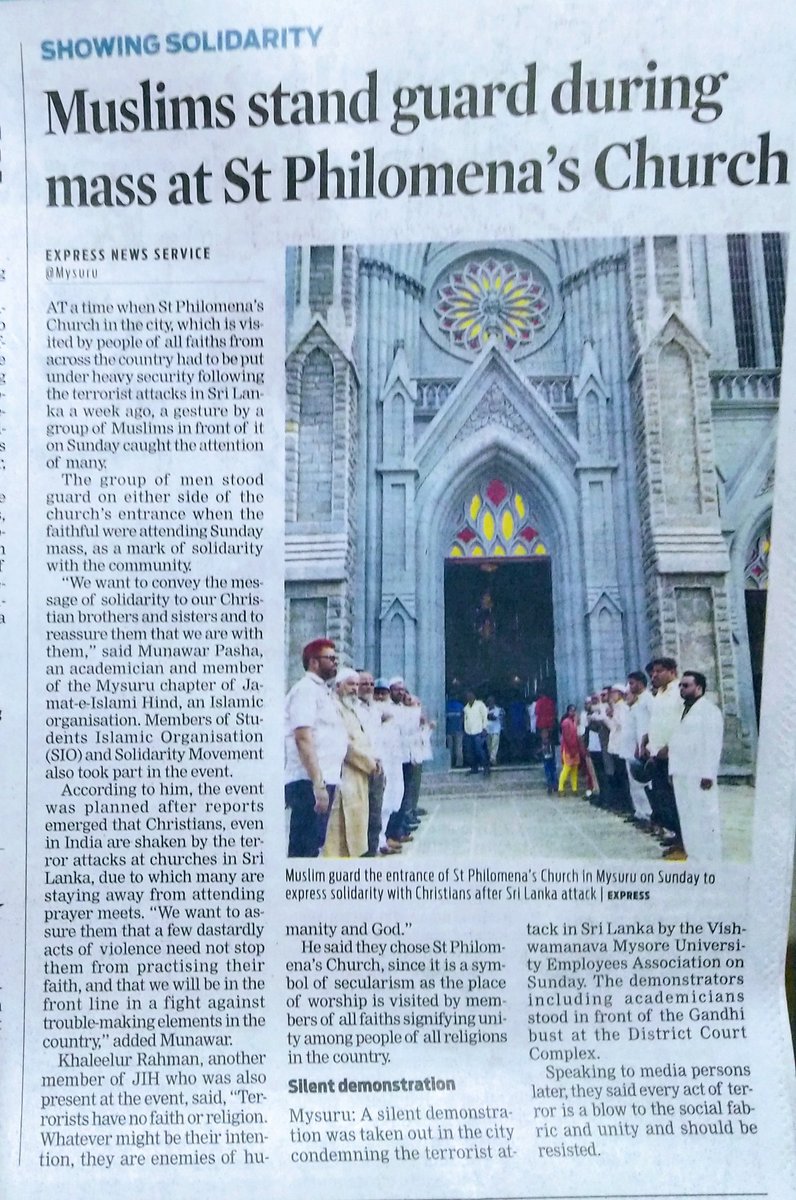 ajithms's tweet photo. A sweet gesture during tough times : A group of Muslims stood guard to #Mysuru s iconic St Philomena's church as a gesture of solidarity against #ColomboTerrorAttack #Indians https://t.co/O5abzShhwC