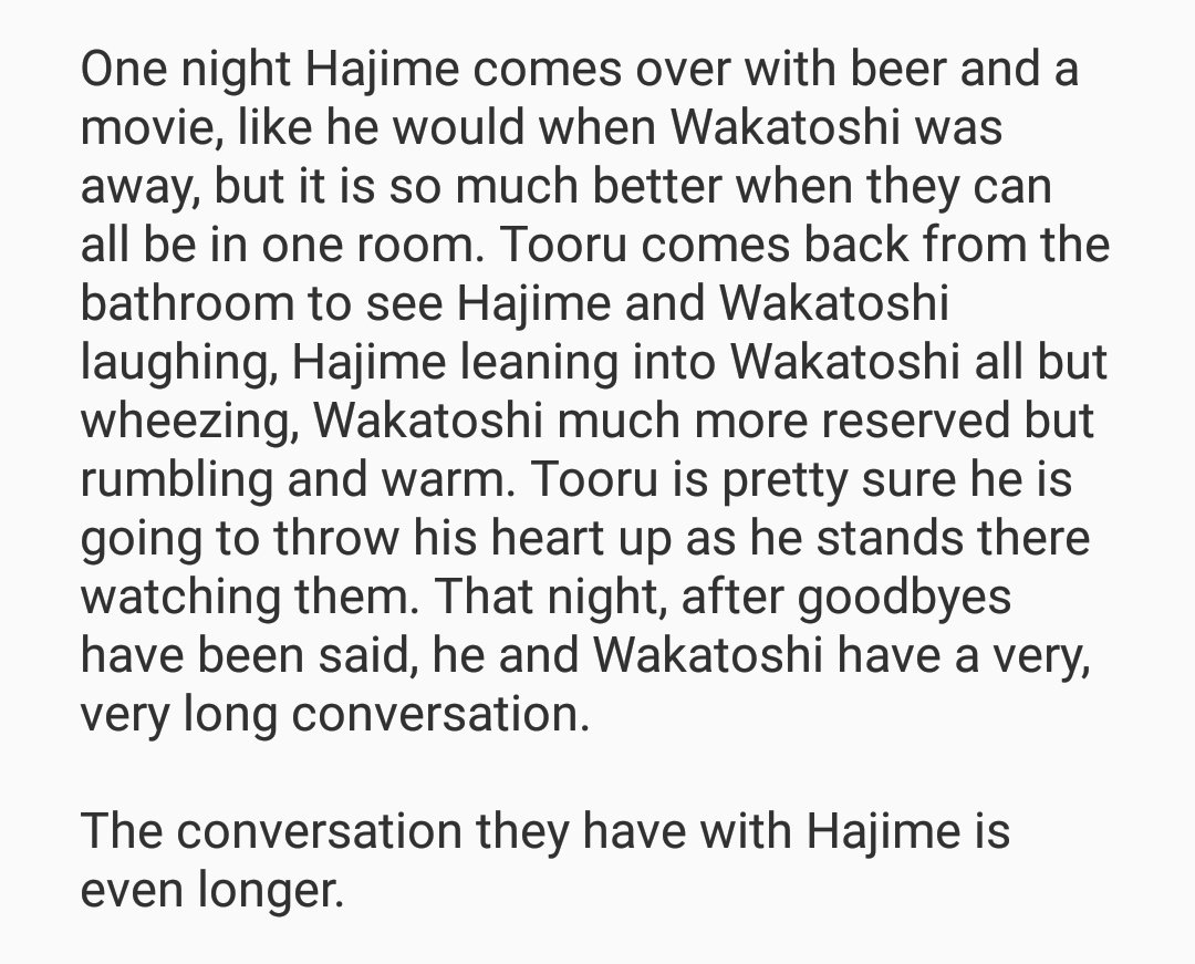 Things are winding down here. It& #39;s time for the boys to talk.And I know the timeline on this one is less clear, so here are 2 points-tooru and wakatoshi have been dating for almost two years-they are all close to like. 26 or 27.