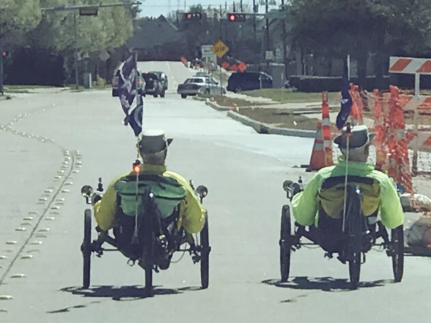 YouthCivility's tweet photo. Two old veterans out for a ride, each with a flag for their service branch. I wish it were a better pic, but it made me smile. https://t.co/zLy4kbRcrj