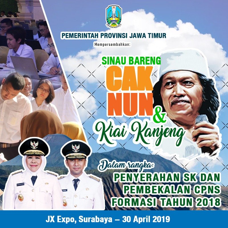 bkdjatim's tweet photo. Selamat Pagi #SobatJatim CPNS 2018,
Pemerintah Provinsi Jawa Timur mempersembahkan "Sinau Bareng CAK NUN dan Kiai Kanjeng" dalam rangka "Penyerahan SK dan Pembekalan CPNS 2018" bertempat di JX International Exhibition Surabaya, Selasa, 30 April 2019. 
Selamat dan Sukses ya.. https://t.co/MMnQ6tAzUc