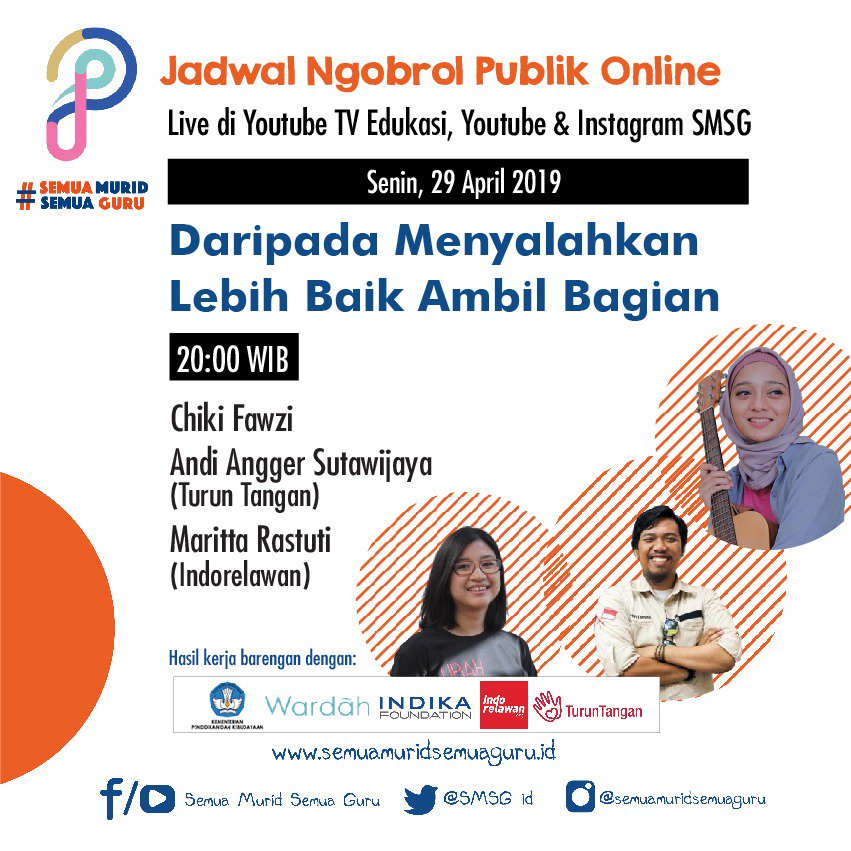 [Jadwal Ngobrol Publik Online]

Apa aja sih kelas online kita hari ini, Senin 29 April 2019? Yukkk langsung check this out!

#kerjabarengan
#SemuaMuridSemuaGuru