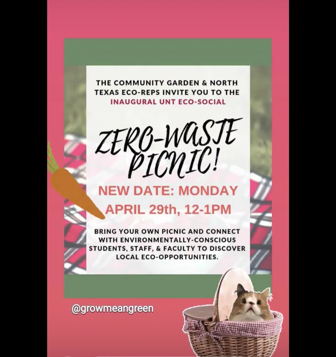 Zero waste picnic Monday 4/29 @ noon <a href="/UNTEcoReps/">UNT Eco Reps</a> <a href="/growmeangreen/">UNT Community Garden</a>
