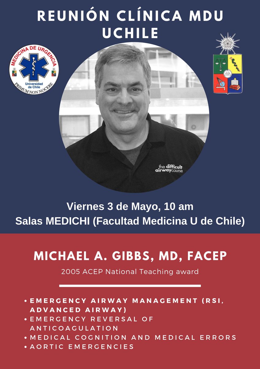 El equipo docente MDU Uchile tiene el gran honor de invitarlos escuchar al profesor Dr. Michael Gibbs, Professor &amp; Chair Department of Emergency Medicine Carolinas Medical Center. Viernes 3 de Mayo,10 am en las salas Medichi en la Faculta de Medicina de la Univerdsidad de Chile