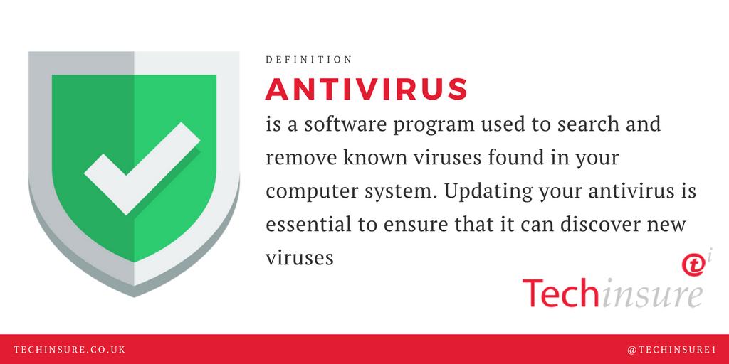 Techinsure1's tweet image. The term Antivirus is used a lot in the world of cyber and security but do you know what it refers to? Here is our simple definition! 
#Techtalk #Techterms #Cyberterms