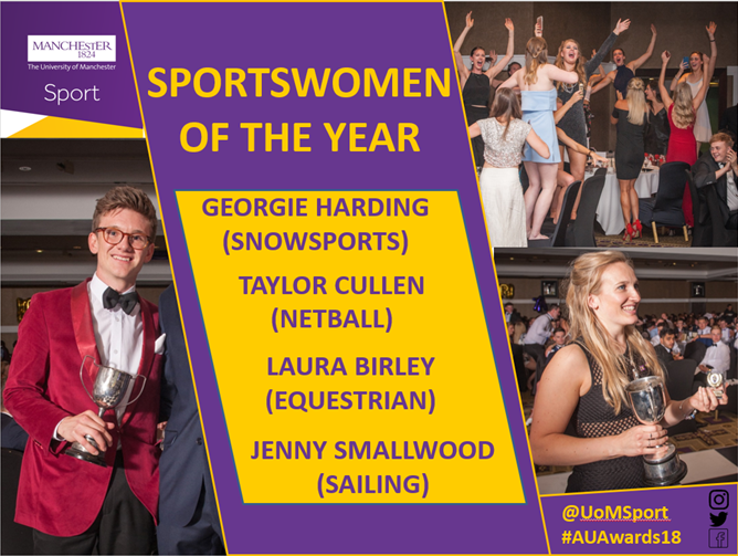 UoMSport's tweet photo. AU AWARDS | We are happy to announce the shortlisted nominations for #AUAwards19 "Student Coach of the Year" &amp; "Sportswomen of the Year". The next shortlist to be announced will be the "Sportsman of the Year" &amp; "Team of the Year" on Tuesday at 1pm! #PURPLEandPROUD. https://t.co/nAuXmSOmxC