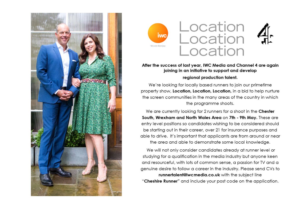 @colegcambria
Hello are you aware of this?
 TV RUNNERS REQUIRED in the Chester South, Wrexham and North Wales area for an episode of Location Location Location! If you're looking for a break into the media industry, this could be the opportunity for you!