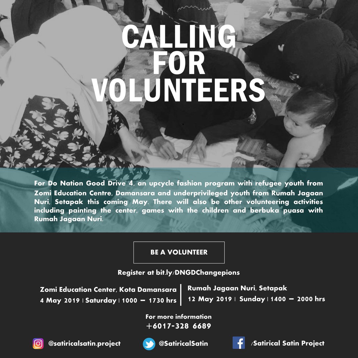 SatiricalSatin's tweet photo. Hi everyone, please RT! We're still looking for volunteers to assist with our upcycle fashion program with underprivileged youth this coming May during Ramadhan. Further details and sign up at https://t.co/RUbh0y7RDw https://t.co/yWkkCbuGtG