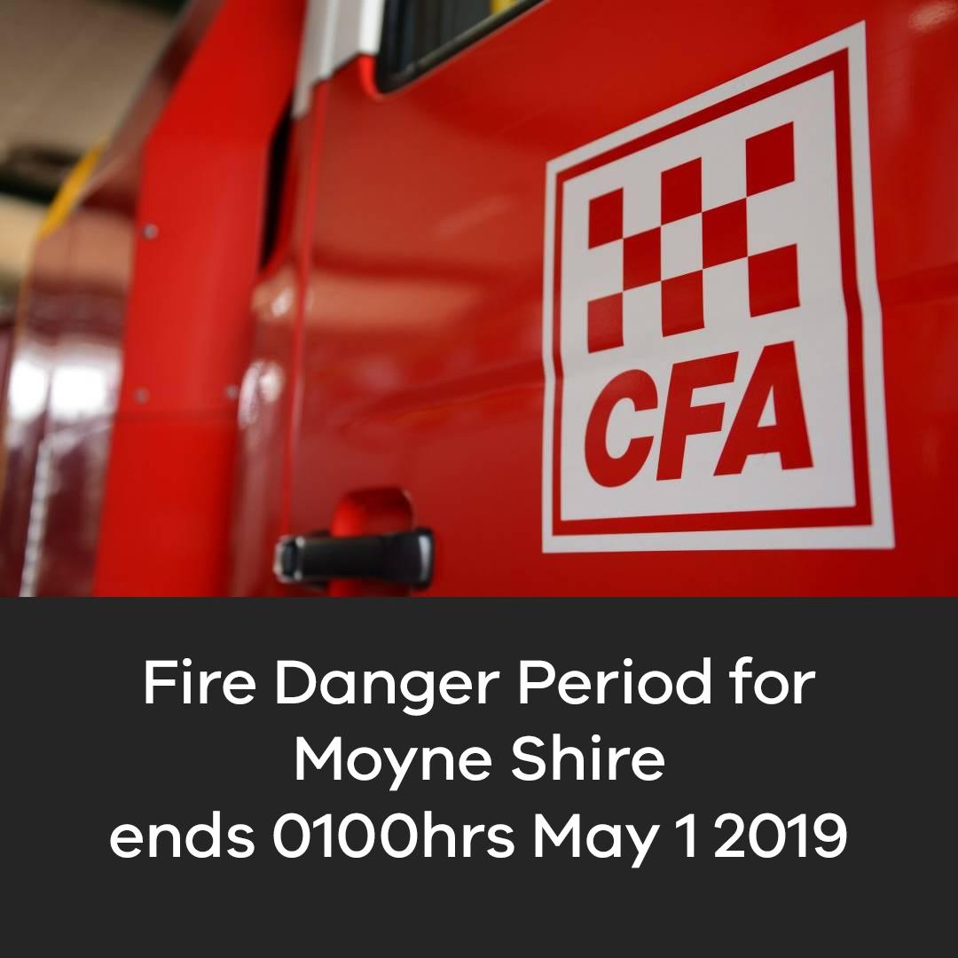 The Fire Danger Period for Moyne Shire ends at 0100 hrs 1 May 2019.

After this date there is no need to submit an application to burn permit, however anyone intending to burn outside is encouraged to contact the burn-off notification line on 1800 668 511