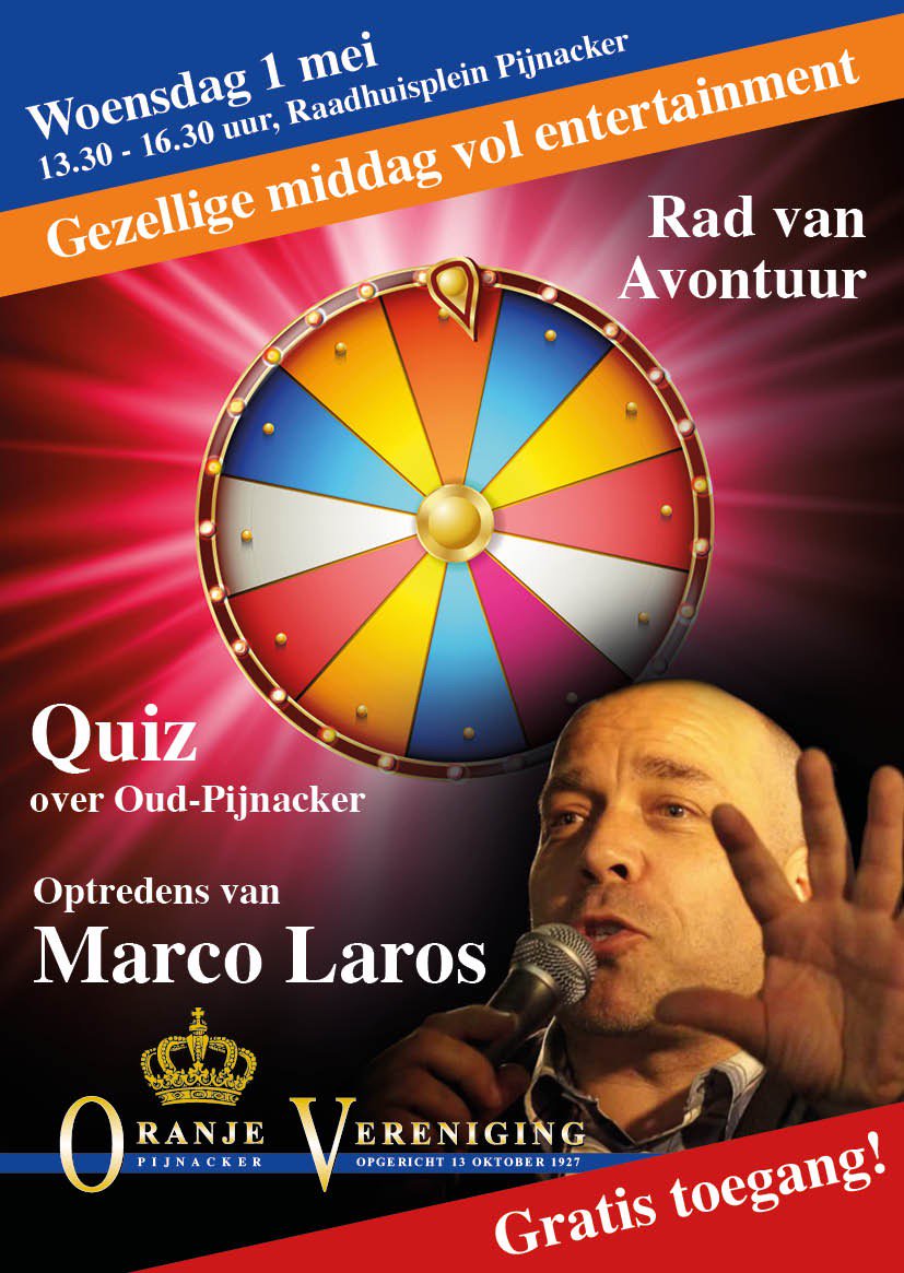 Win mooie prijzen met het Rad van Avontuur en ga terug in de tijd met een quiz over het Pijnacker van vroeger. Geniet van een lekker advocaatje en de live muziek van Marco Laros. Dat belooft een leuke afwisselende middag te worden! Om 13.00u staan de deuren voor u open.