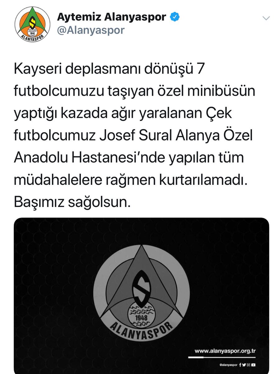 Ulan yalansın be dünya.. iki haber arasında sadece 2 ay var.. içim sızladı. Başın sağolsun #alanyaspor