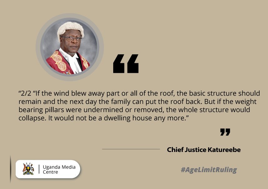 UgandaMediaCent's tweet photo. 2/2 “If the wind blew away part or all of the roof, the basic structure should remain and the next day the family can put the roof back” --CJ Katureebe #AgeLimitRuling https://t.co/WiaPaTcmw1