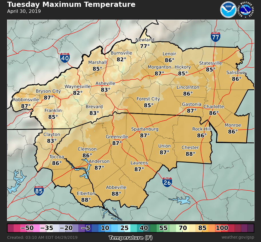 NWSGSP's tweet image. Beautiful today, but yikes those temperatures tomorrow! Seriously...is it late April or late June?? Isn't this just so typical of the western Carolinas &amp;amp; NE GA? #BringBackSpring (Aww, but really who are we kidding...we love it here! #BestPlaceToLive) #ncwx #scwx #gawx