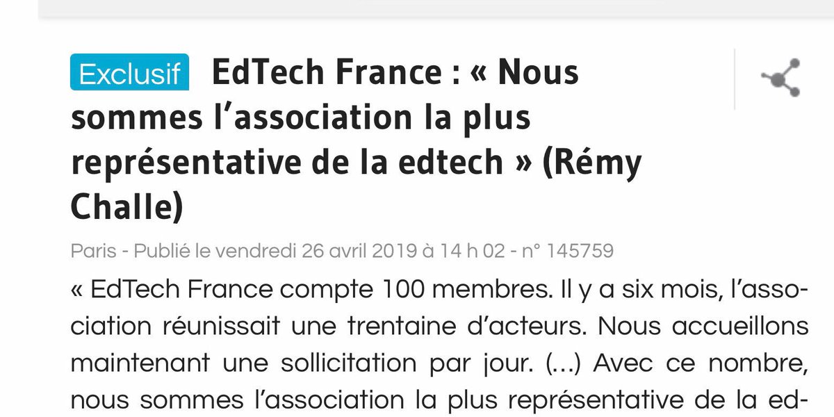 💯 membres, 6️⃣ Grandes Écoles et des entreprises partenaires... et des projets à la hauteur des enjeux ! Découvrez les ambitions d’EdTech France dans cette ITW de son DG @RemyChalle en accès libre via @NewsTankHER 👌🏼#EdTech #ESR 

▶️ bit.ly/2GQCMco
