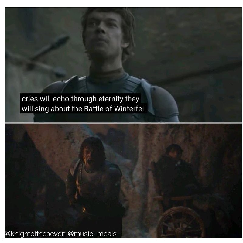 evathegreat1's tweet photo. "We die today, brothers. We die bleeding from a hundred wounds, with arrows in our necks &amp; spears in our guts...but our war cries will echo through eternity! They will sing about the Battle of Winterfell..." #gots2 #GOTs8
#whatisdeadmayneverdie #GameofThrones #THEON #DemThrones https://t.co/HM2THaPVgN