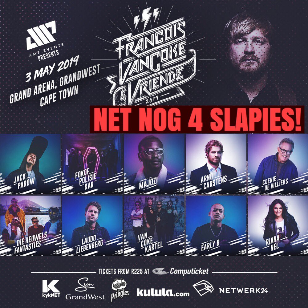 KAAPSTAD. Net nog 4 FOKN slapies voor ons saam met <a href="/FrancoisVanCoke/">Francois van Coke</a> en al ons vriende  @GrandWestSA se dak gaan laat lig !
Die standing tickets is SOLD OUT, maar daar is NOG premium mezzanine seats beskikbaar hier: bit.ly/envriende
#fvcenvriende