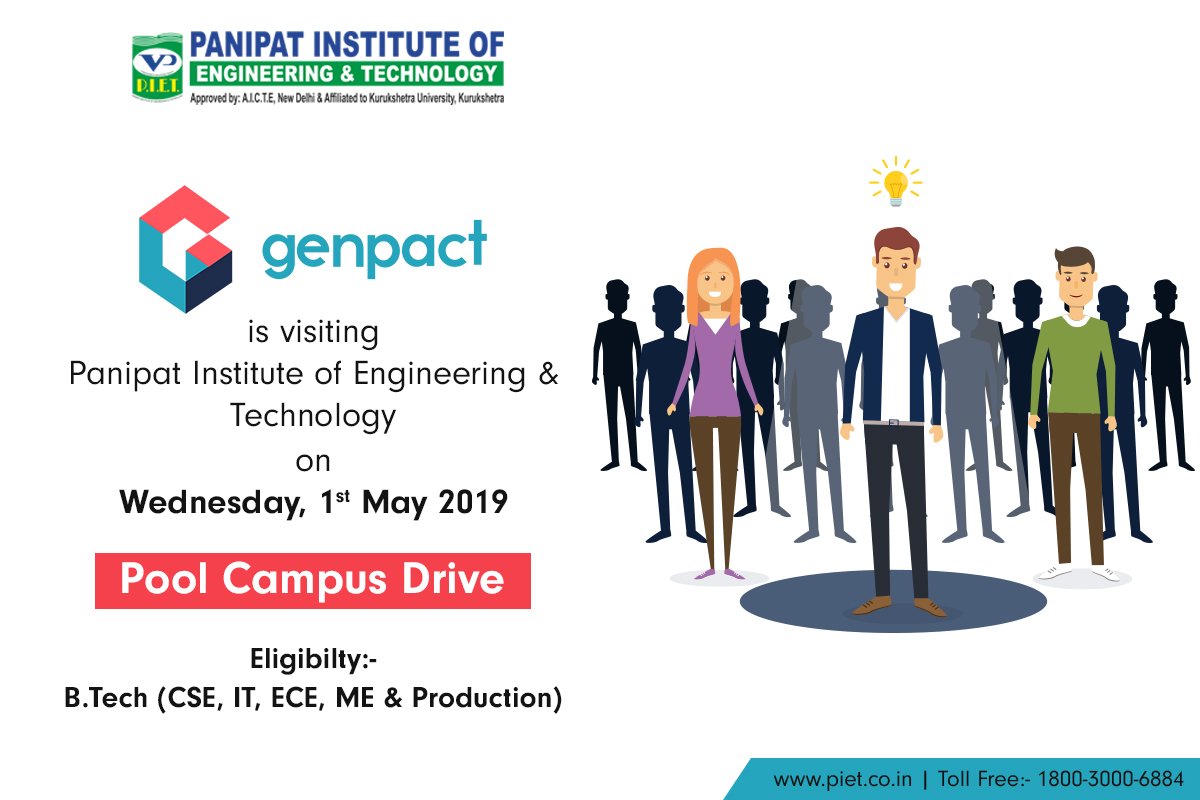 PIETPanipat's tweet photo. Panipat Institute of Engineering & Technology is delighted to announce that #Genpact is visiting #PIET on 1st May 2019 for Pool Campus Placement Drive.
Eligibility: https://t.co/QMCOmRmg0V (CSE, IT, ECE, ME & Production) Students
#PIETPanipat #YesPIET #PoolCampusDrive #BTech https://t.co/kTopVW4Otw