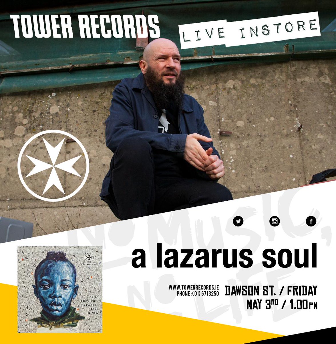 TowerDublin's tweet photo. This Friday 03/05/19 @alazarussoul launch their new album "The D They Put Between The R & L".
They will be playing songs from the album in our Dawson St store from 1pm on Friday.
Don't miss it.
#towerlive #towerdublin https://t.co/qoW7qlRqJ7