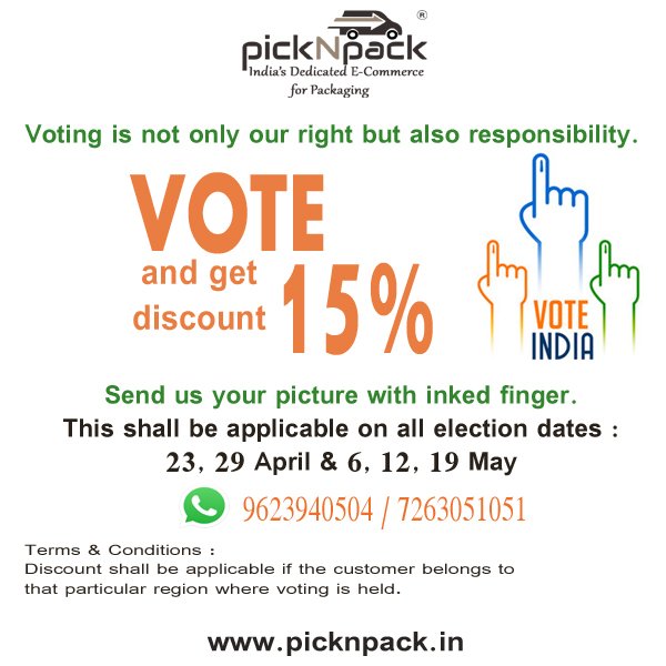 picknpack_in's tweet photo. HURRY UP !!
Already 30 peoples have grabbed the discount. Have you voted? If so grab your discount.
#election #politics #vote #india #news #loksabha #picknpack https://t.co/HniPLs8cB1