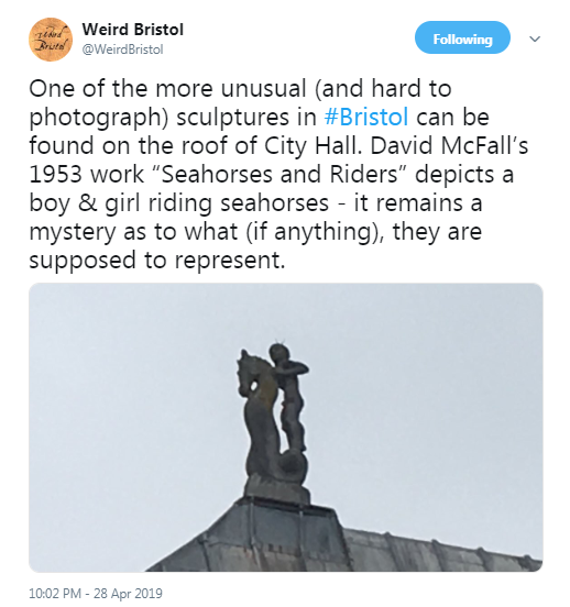 False: No mystery here. The Booklet accompanying the opening describes them as "the spirit of the Avon as a symbol of belief in the future of Bristol". (Merritt &amp; Greenacre; Public Sculpture of Bristol; 2011)x.com/WeirdBristol/s…