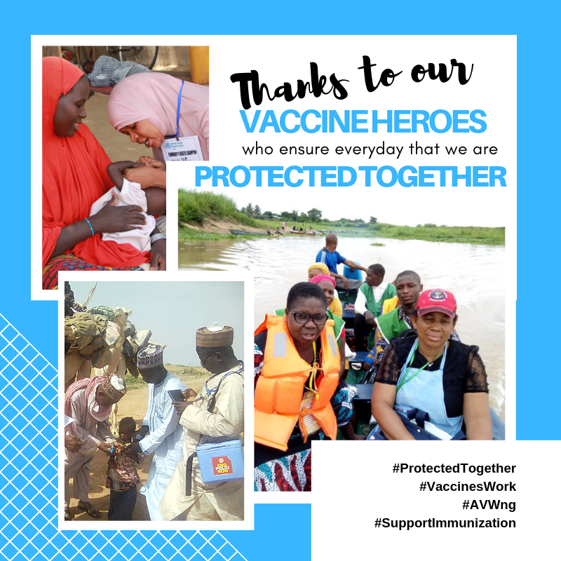 WHONigeria's tweet photo. There are those who ensure that no child dies from #vaccine-preventable diseases; we call them our "Vaccination Heroes". @WHO thanks all vaccination workers who sometimes put their lives on the line to save lives.

#ProtectedTogether 
#AVWng
#VaccinesWork 
#SupportImmunization https://t.co/qK8V8Yo22j