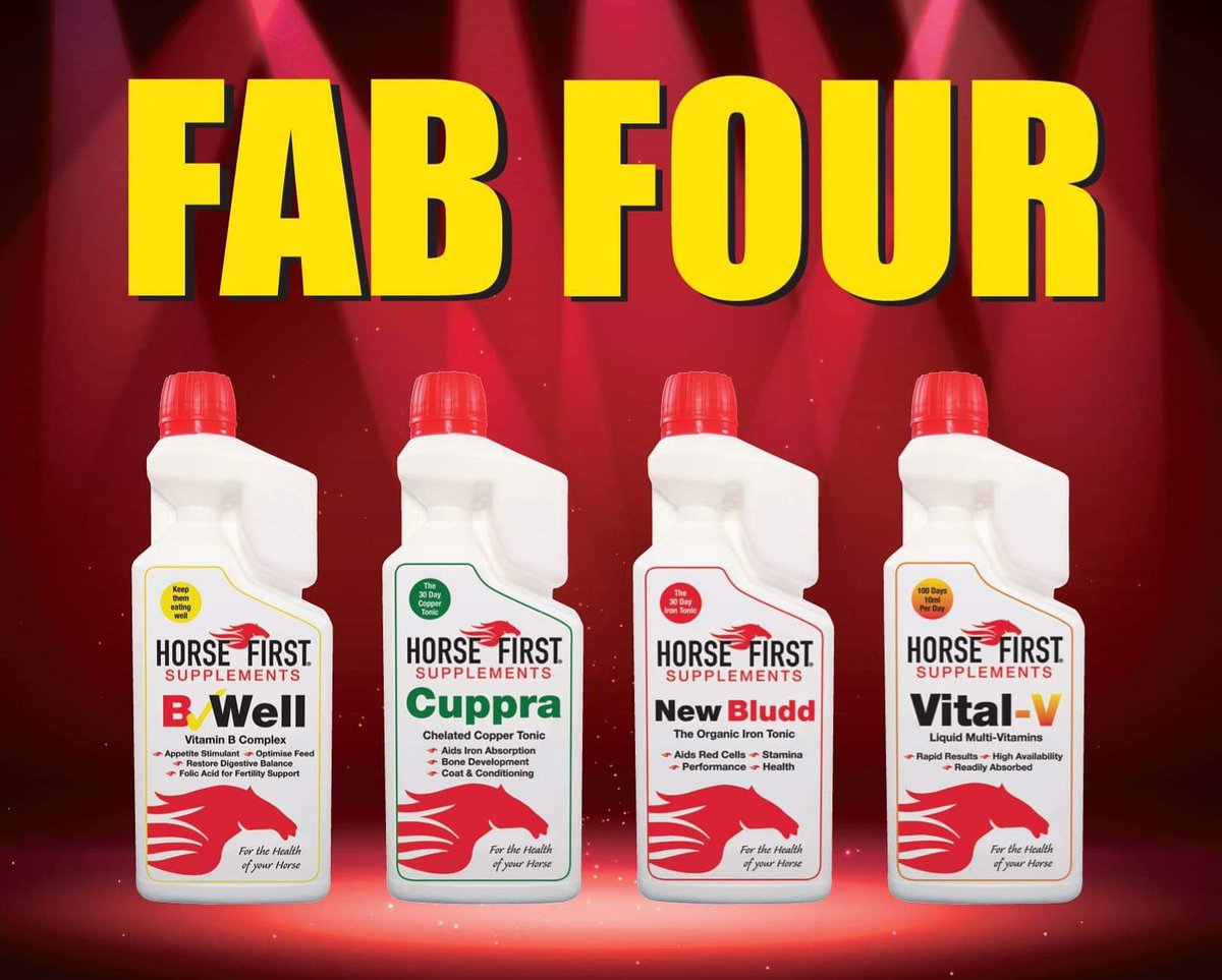 Come and meet the 'Fab Four' at <a href="/bhorsetrials/">Badminton Horse Trials</a> this week...
🚩 B-Well - Vitamin B
🚩 Cuppra - Copper tonic 
🚩 New Bludd - Iron tonic
🚩 Vital-V - 10 vital multi-vits
Stand 172 | Swangrove Street | Badminton
#horsefirstsupplements #horsefirst #teamhorsefirst #MMBHT