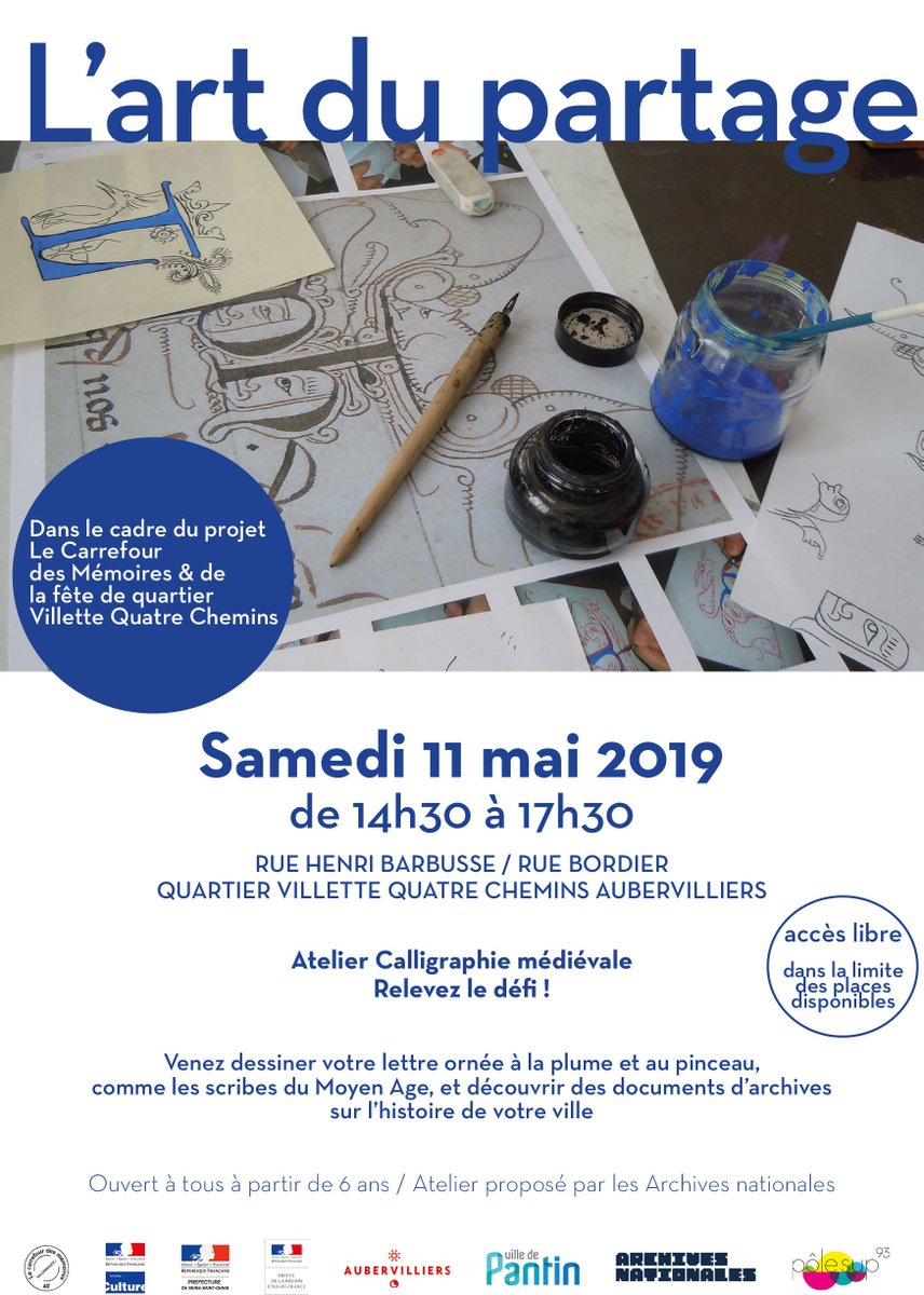 CMemoires's tweet photo. FETE DE QUARTIER VILLETTE QUATRE CHEMINS  - 11 MAI 2019
Retrouvez y les @ArchivesnatFr pour un atelier calligraphie !
Rue Henri Barbusse / Rue Bordier @aubervilliers93 
https://t.co/vx5OxTl9BM https://t.co/zcVKfJpC1F