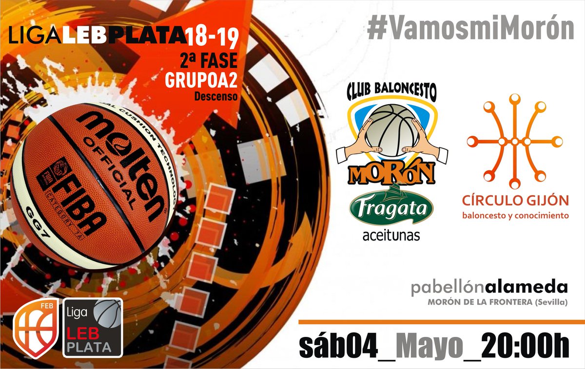 ‼Último partido en casa‼
📅 Sábado, 4 de mayo
⏰ 2️⃣0️⃣:0⃣0⃣
🏟 Pabellón Alameda
🏀 Aceitunas Fragata Morón 🆚 Teslacard <a href="/CirculoGijon/">Círculo Gijón Baloncesto</a> #VamosMiMorón #LlenarElAlameda