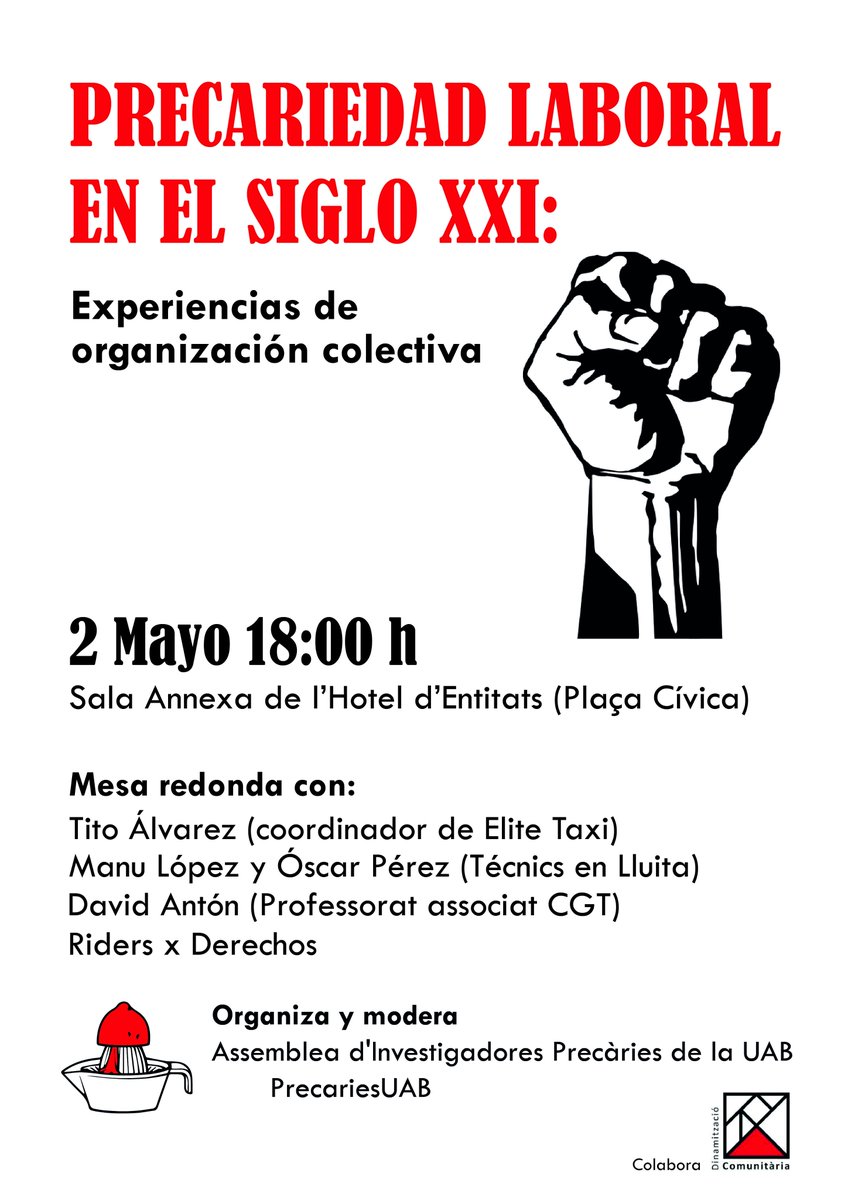 📢Continuem reivindicant que som treballadores i no estudiants📢
Aquest 2 de maig muntem una taula de debat amb altres col·lectius de treballadors precaris on compartirem experiències d'organització col·lectiva. 
Dijous 2 de maig a les 18.00h. 
Ens veiem allà!