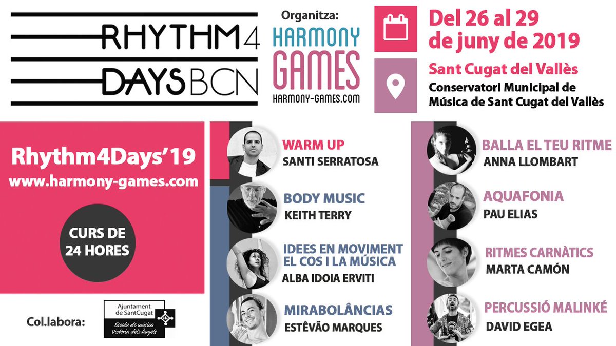 Harmony_Games's tweet photo. 💥Demà últim dia per a inscriure't per a preu reduït al #rhythm4days 2019! 👉24 hores de formació per 160€ amb @KeithTerryMusic @SantiSerratosa @Estevaoplay i molts mes.. 🔝🔝🔝 https://t.co/ej7vKYOaah #bodypercussion #Musica #educacion https://t.co/l8AJHfWpJm