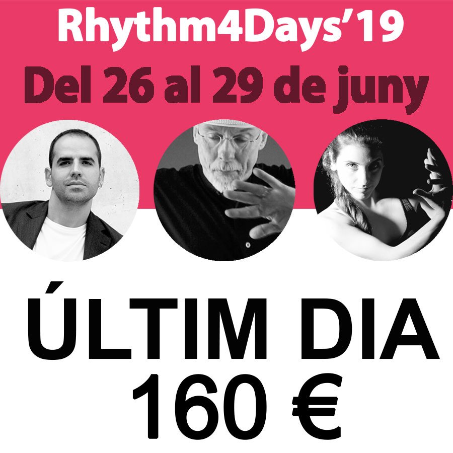 💥Només avui podràs inscriure't a les 24h de formació del #rhythm4days a preu reduït💥

📍 Info + inscripcions: bit.ly/R4D19

Demà el preu canviarà a 190€ Aprofita!