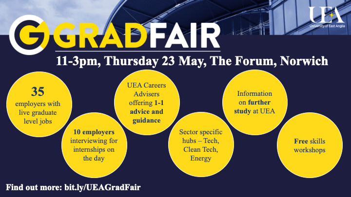 Languages_UEA's tweet photo. Are you a recent graduate of UEA? Or are you graduating in 2019 and looking for a graduate-level job? You're invited to join CareerCentral at our first GradFair this May and meet organisations recruiting for graduate level opportunities - who are looking for people like you! https://t.co/MmgO2BmOBC
