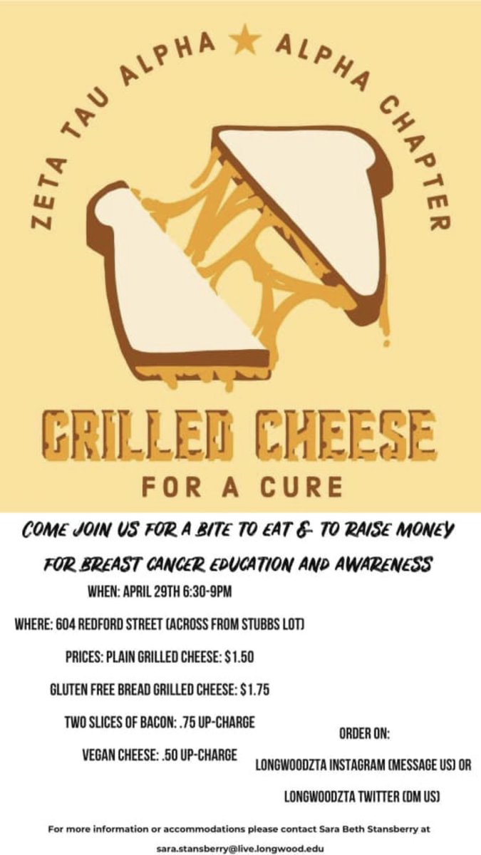 ZTA Grilled Cheese is TODAY starting at 6:30 🤩 DM us on twitter or instagram to get one!