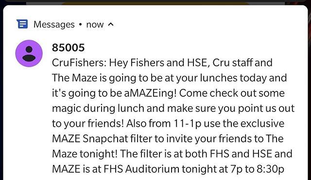 CruFishersHSE's tweet photo. Come check us out at lunch and use the exclusive filter from 11-1p at your school to invite your friends to The Maze tonight https://t.co/NgExnU1X00
