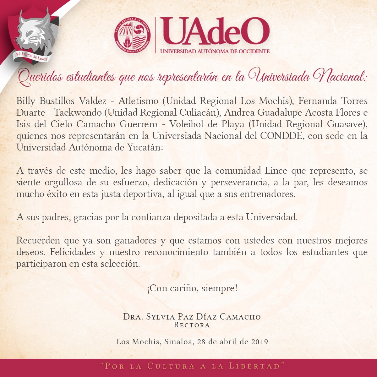UADEOoficial's tweet photo. ¡Una gran felicitación y mucho éxito, de parte de su Rectora, Dra. Sylvia Paz Díaz Camacho, en representación de la comunidad Lince, a los alumnos que participarán esta semana en la Universiada Nacional 2019! #linces #universiadanacional2019 #uadeooficial #vidauadeo https://t.co/SPD64NNYuz