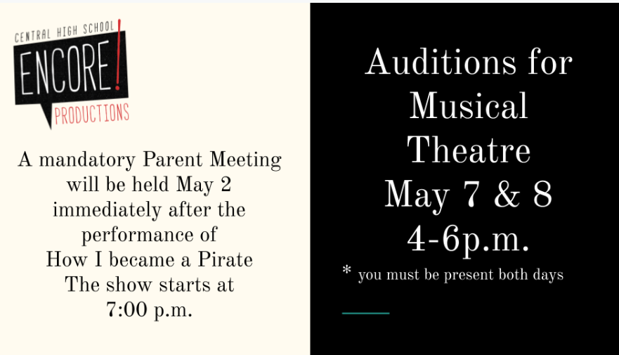 PCBOE's tweet photo. RT CentralRedDevil "Audition for Musical Theatre - Parent Meeting this Friday, May 2, after the performance of How I Became a Pirate https://t.co/AMXH7wQpLn"