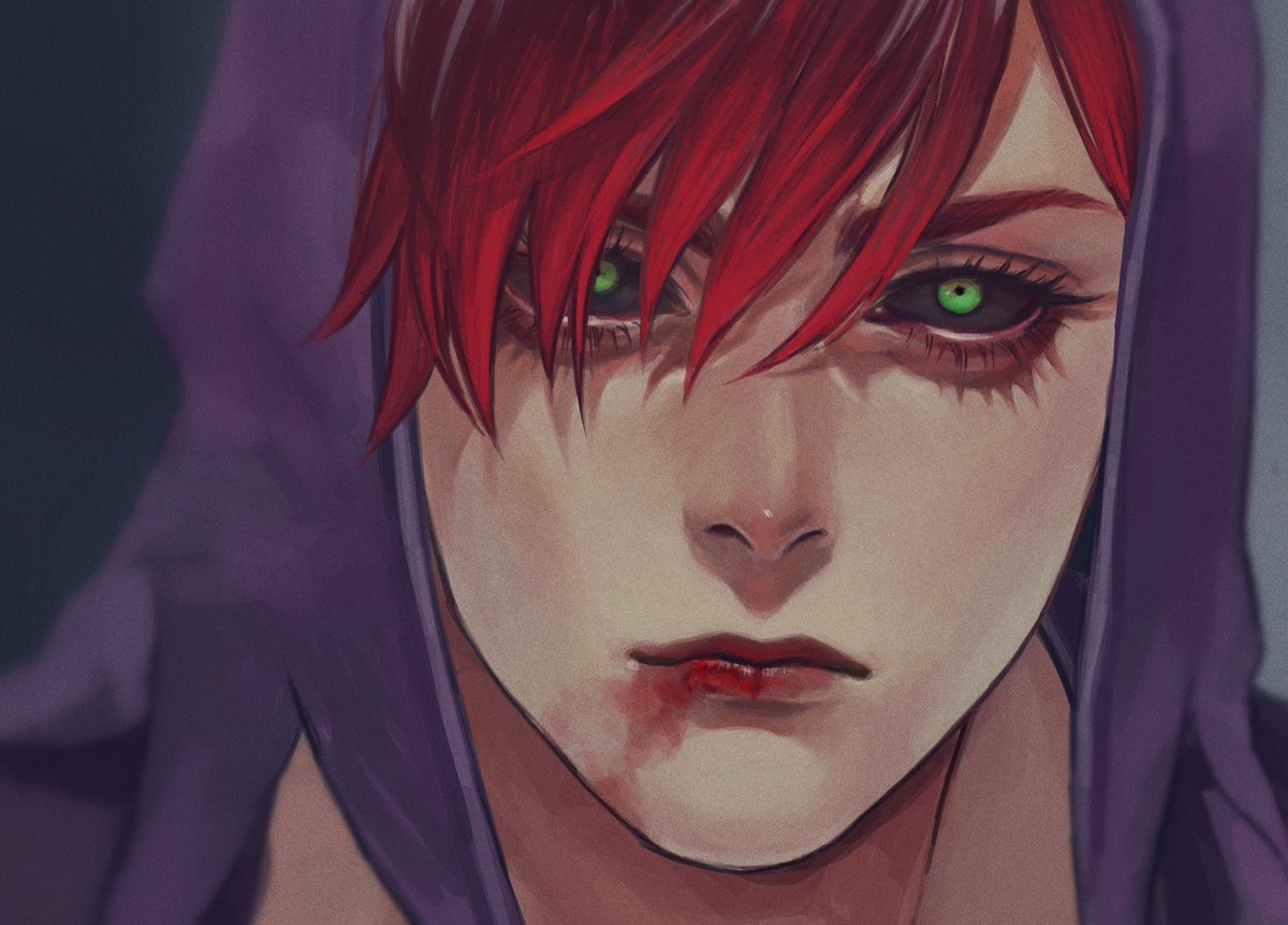 solo green eyes blood red hair hood colored sclera hood up  illustration images