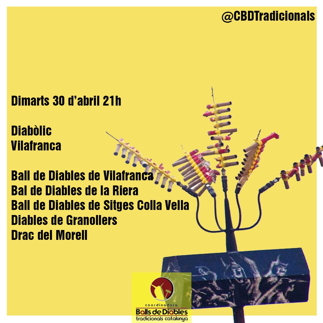 📍🗓️Dimarts 30 d'abril a Vilafranca del Penedès
🕘21h

Diabòlic amb:
<a href="/balldediables/">Ball Diables Riera</a> 
<a href="/Colla_Vella_Stg/">Ball de Diables de Sitges Colla Vella</a> 
<a href="/diablesgrn/">Diables de Granollers</a> 
Drac del Morell
<a href="/diablesvila/">Ball de Diables de Vilafranca</a>