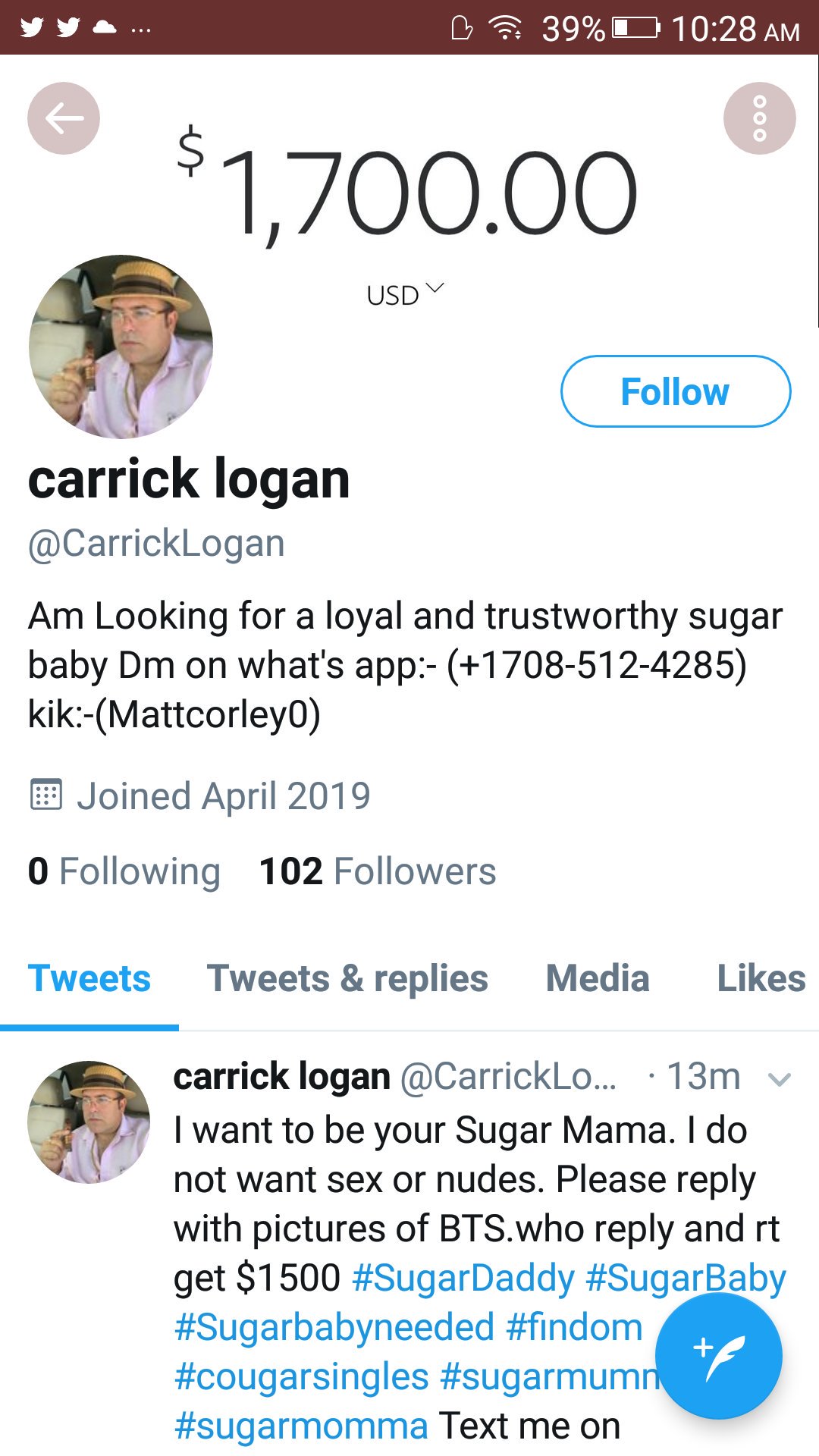 #sugardaddyserious #sugardaddytwitter #sugardaddyscam He has multiple accounts this person is a scammer watch out the Kik name is on multiple accounts with different pics all joined Twitter I'm April https://t.co/PBfveoHhqp