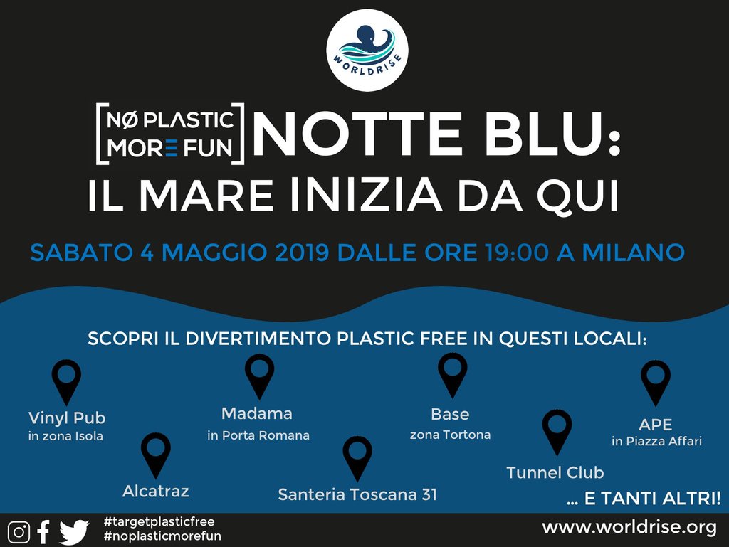 SABATO 4 MAGGIO A MILANO È LA NOTTE BLU, la notte del mare e dell'oceano.🌊⁣
Milano è la prima città al mondo dalla nightlife plastic free grazie al progetto #NoPlasticMoreFun avviato da Worldrise, sabato vi aspettiamo in uno dei locali aderenti al progetto! #MilanoPlasticFree