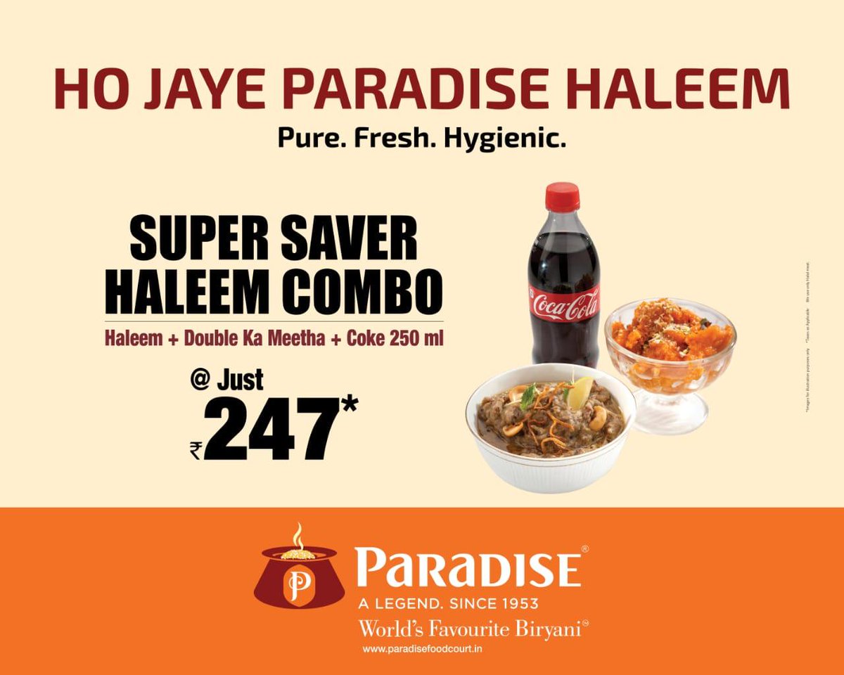 Hot, sweet and refreshing. Enjoy a delightful bowl of Paradise Haleem with Coke and round things off with a lip-smacking Double-ka-Meeta. All for just Rs. 247. Isn't that a great treat. Enjoy it today at a Paradise Food Court near you. #ParadiseBiryani #WorldsFavouriteBiryani