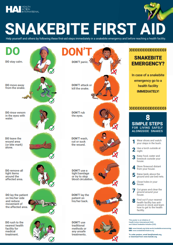 How can you help a #snakebite victim and what can you do if you've been bitten yourself? Stick to these DO's and DON'Ts and download your free, printable copy of the poster at bit.ly/snakebite-firs… 
#fightsnakebite #NTDs #antivenom #firstaid