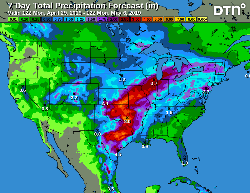 BAndersonDTN's tweet photo. DTN 7-day USA precip forecast Monday is wet across the Midwest, Southeast Plains, and Delta. Unfavorable for #plant19. https://t.co/6iFjSVue1g