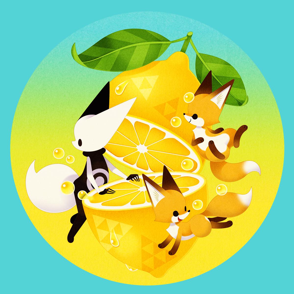 fox food fruit lemon lemon slice white background tail  illustration images