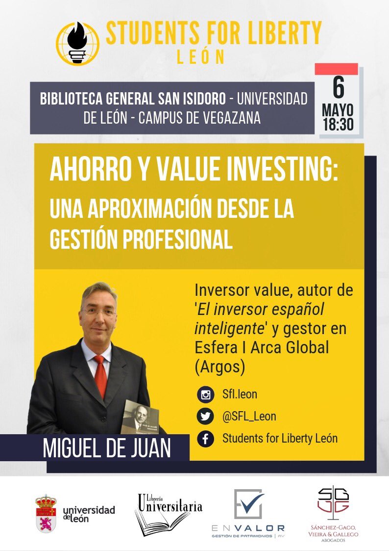 SFL_Leon's tweet photo. Empezamos la semana y os presentamos nuestro próximo evento.
Este lunes día 6 contaremos con la presencia de nuestro amigo Miguel de Juan, inversor Value leonés, que nos explicará cómo ahorrar a través de la inversión y la filosofía Value Investing.
¿Te lo vas a perder? https://t.co/pj24aJRz2r