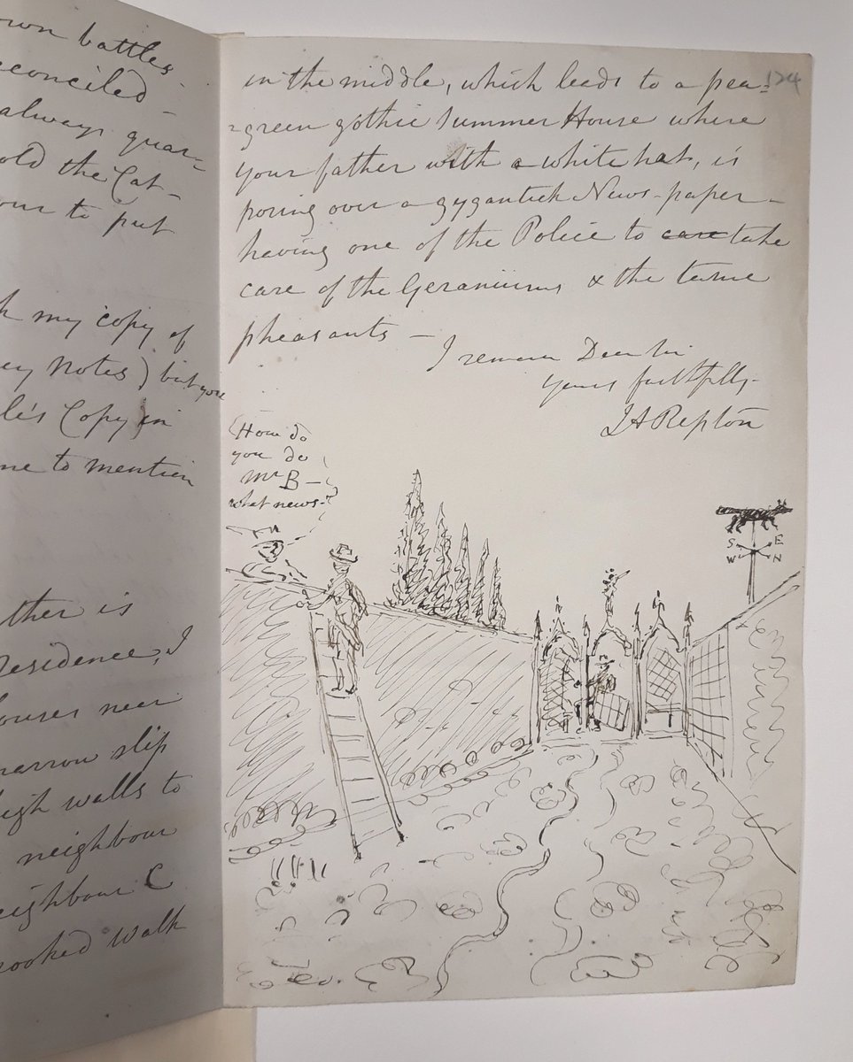 This letter writer imagines author, antiquary and editor of the Gentleman’s Magazine, John Nichols, in his #garden.  The sketch is by John Adey Repton, son of Humphry the great landscape designer (MS.2909) #NationalGardeningWeek
