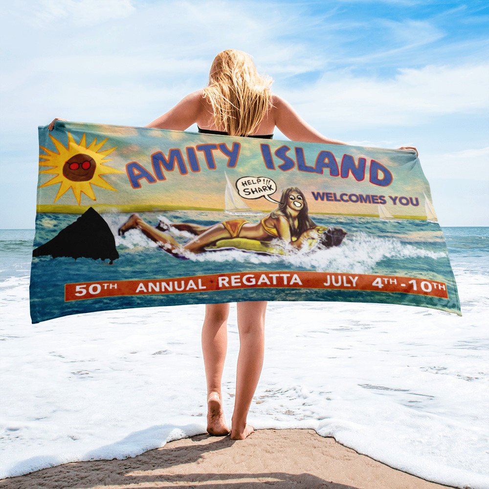 SantaCarlaCA's tweet photo. Just when you thought it was safe to go back in the water......get yourself beach ready with our Jaws inspired towel.... #jaws #beachtowel #amityisland #moviegifts #santacarla #santacarlaboardwalk #summeriscoming https://t.co/q9Z6NYL1b6