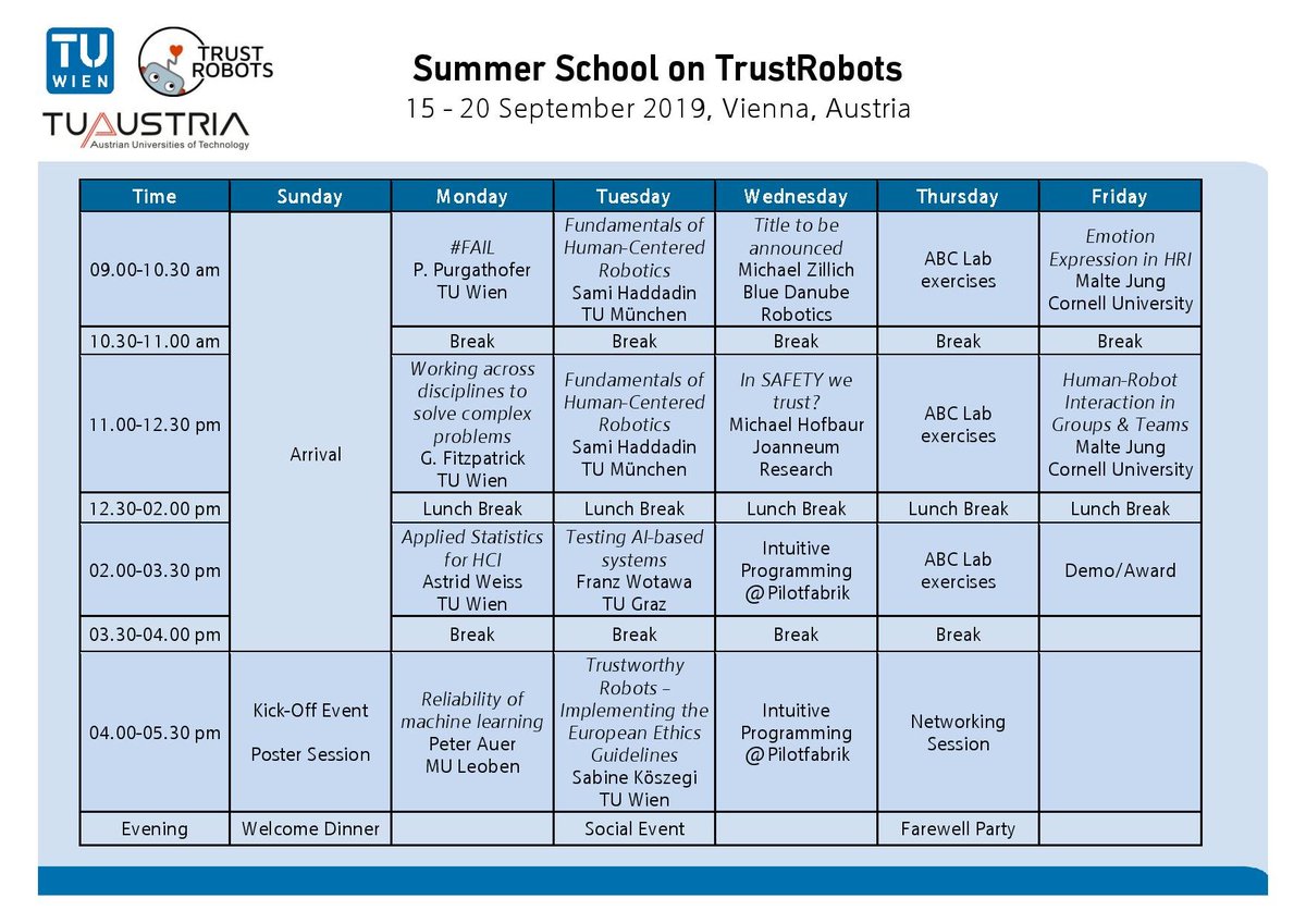 #PhDstudents, apply now for the TrustRobots #summerschool taking place Sep. 15-20th at <a href="/tuvienna/">tuvienna</a> ☀️👩‍🏫 We will explore factors influencing #trust in autonomous systems and discuss design challenges of trustworthy #robots 🤖🤲 More info at trustrobots.eu and ⏰ May 31st!