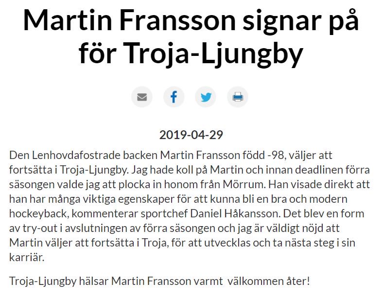 trojaljungby's tweet photo. Martin Fransson skriver på för en fortsättning. Varmt välkommen åter Martin! #trojaljungby #hockeyettan https://t.co/hlzB0TgWd2